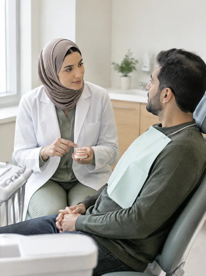 مشهد توضيحي لطبيبة أسنان تتحدّث مع مريضة في عيادة